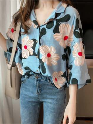 絶対流行 韓国系 シングルブレスト 半袖 POLOネック プリント シャツ