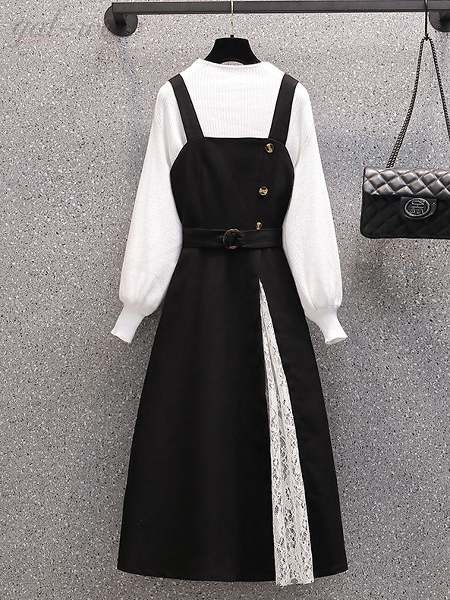 ホワイト/セーター+ブラック/サロペットスカート