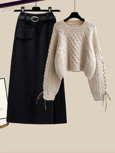 カーキ/セーター+ブラック／スカート/ベルトなし