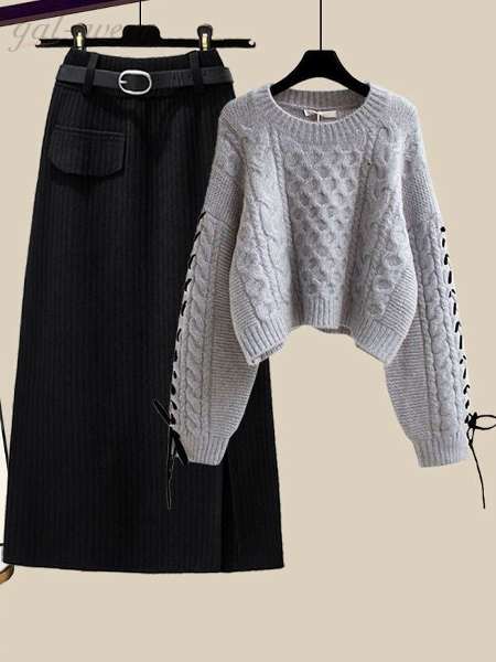 グレー/セーター+ブラック／スカート/ベルトなし