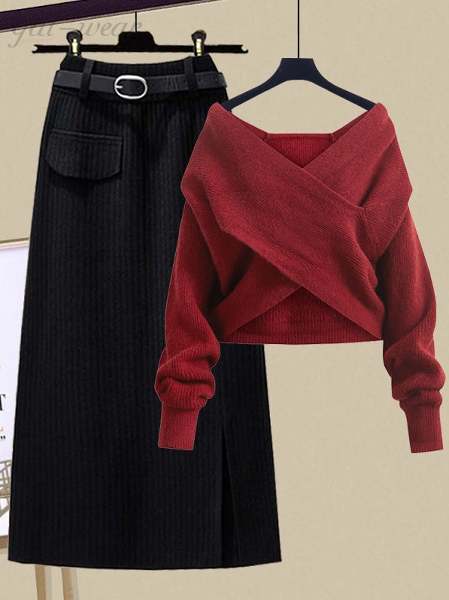 レッド/ニットセーター+ブラック/スカート/ベルトなし
