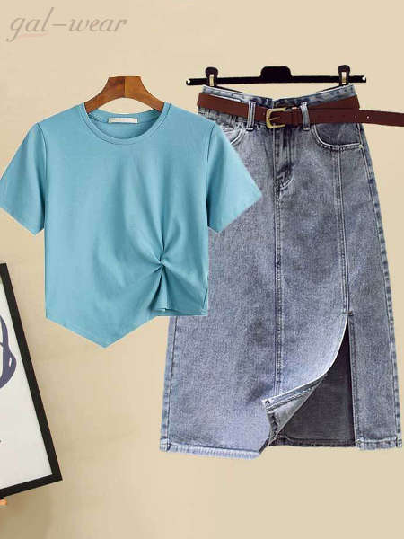 ブルー Tシャツ＋スカート/セット