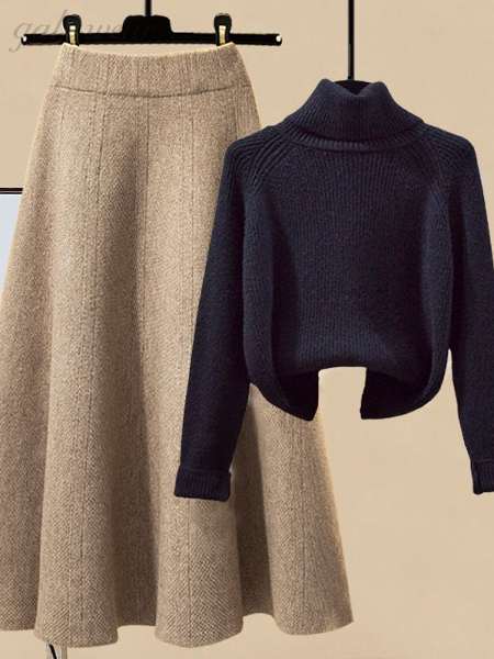 ブラック/セーター+カーキ/スカート