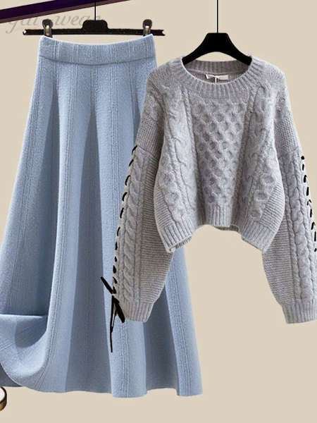 グレー/セーター+ブルー/スカート