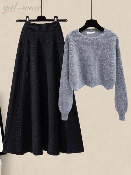 グレー/セーター+ブラック/スカート