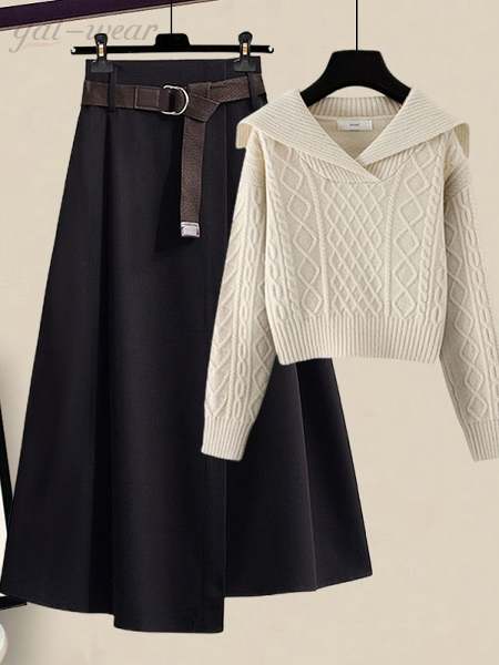 アイボリー/セーター+ブラック/スカート/セット