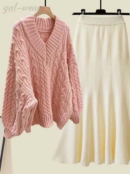 ピンク/ニット.セーター+アイボリー/スカート