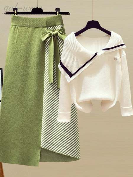 ホワイト/ニット.セーター+グリーン/スカート
