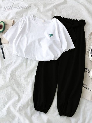 【二点セット】 プリント ラウンドネック 半袖 Tシャツ+ハイウエスト カジュアルパンツ セット