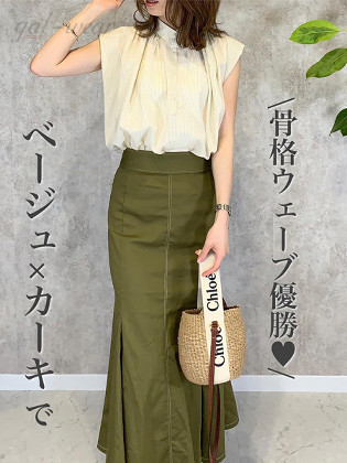 【二点セット】高見えデザイン ギャザー ノースリーブ きれいめ系 マーメイドスカート シャツ+スカートセット