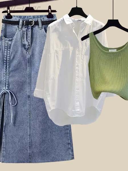 グリーン/ダンクトップ+ホワイト/シャツ+スカート