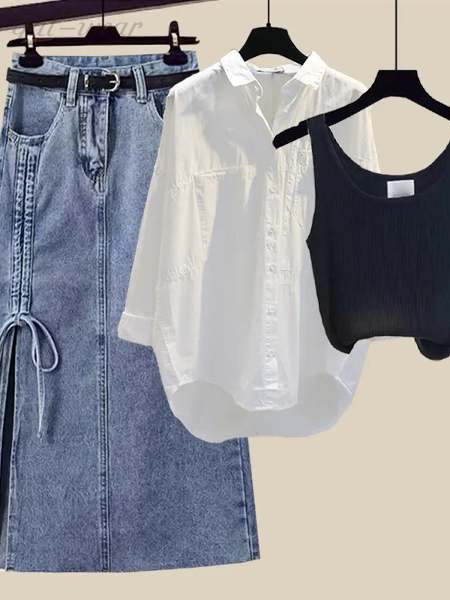 ブラック/タンクトップ+ホワイト/シャツ+スカート
