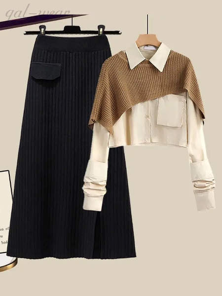 コーヒー/ショール+アプリコット/シャツ+ブラック/スカート
