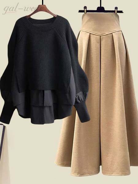 ブラックセーター＋カーキスカート/セット