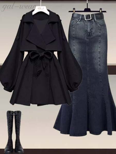 ブラック/コート+ブルー/スカート