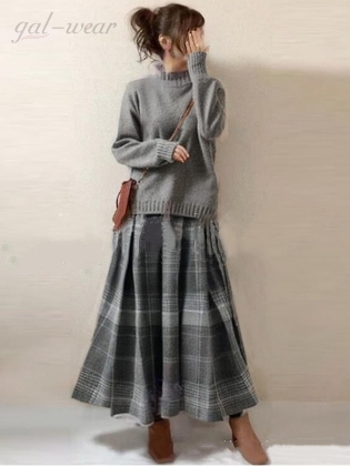 【単品注文】 無地 長袖 シンプル セーター+ ハイウエスト Aライン チェック柄 スカートセット