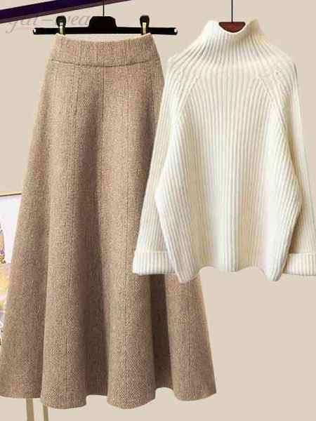 ホワイト/ニット.セーター+ベージュ/スカート