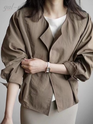 韓国風ファッション  無地 折り襟 シンプル ショート丈 カーディガン