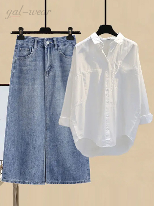 【単品購入可】無地 長袖 カジュアル 折り襟 シャツ + スリット ハイウエスト Aライン スカートセット