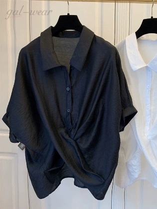 韓国風ファッション 定番シンプル 個性的なデザイン ランダムティアード 折り襟 シングルブレスト 夏 シャツ