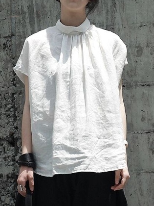 個性的なデザイン 綿麻 スタンドネック ギャザー ナチュラル カジュアル 半袖 レディース  夏 Tシャツ