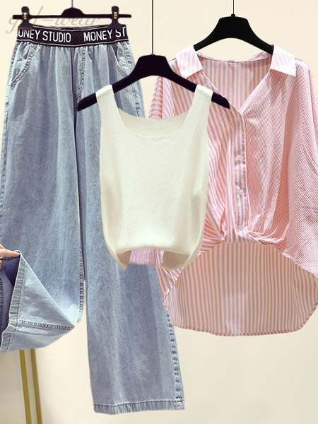 ホワイト/キャミソール+ピンク/シャツ+ブルー/パンツ