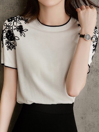 高見えデザイン  ファッション 花模様  伸縮性あり 刺繍 通勤 ラウンドネック 夏 Tシャツ