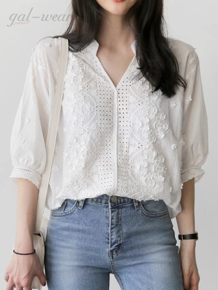女性に大人気 韓国系 きれいめ系 Vネック 刺繍 透かし編み レディース 夏 シャツ