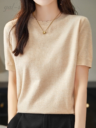 「シンプル 」ファッション カジュアル 無地 女っぽさが漂う ラウンドネック レトロ 夏 ニットセーター Tシャツ